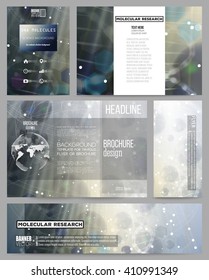 Set of business templates for presentation, brochure, flyer or booklet. DNA molecule structure on dark blue background. Science vector background.