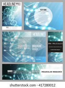 Set of business templates for presentation, brochure, flyer or booklet. DNA molecule structure on dark blue background. Science vector background.