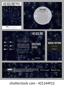 Set of business templates for presentation, brochure, flyer or booklet. Virtual reality, abstract technology background with blue symbols, vector illustration.