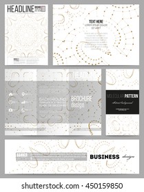 Set of business templates for presentation, brochure, flyer or booklet. Polygonal backdrop with connecting dots and lines, golden connection structure on white background. Digital or science vector