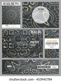 Set of business templates for presentation, brochure, flyer or booklet. Polygonal backdrop with golden connecting dots and lines, connection structure. Digital scientific background.