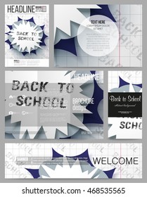 Set of business templates for presentation, brochure, flyer or booklet. Back to school background with letters made from halftone dots, cartoon explosion in pop-art style on notebook paper, vector