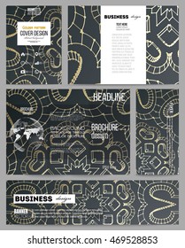 Set of business templates for presentation, brochure, flyer or booklet. Polygonal backdrop with golden connecting dots and lines, connection structure. Digital scientific background