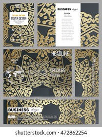 Set of business templates for presentation, brochure, flyer or booklet. Golden microchip pattern on dark background with connecting dots and lines, connection structure. Digital scientific vector