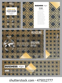 Set of business templates for presentation, brochure, flyer or booklet. Islamic gold pattern with overlapping geometric square shapes forming abstract ornament. Golden texture on black background