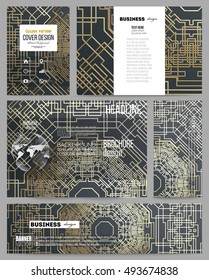 Set of business templates for presentation, brochure, flyer or booklet. Golden technology pattern on dark background with connecting lines and dots, connection structure. Digital scientific vector