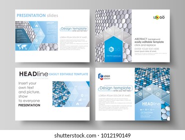 Set of business templates for presentation slides. Easy editable vector layouts in flat design. Blue and gray color hexagons in perspective. Abstract polygonal style modern background.