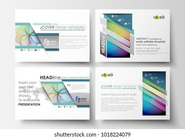Set of business templates for presentation slides. Easy editable layouts in flat style, vector illustration. Colorful design background with abstract shapes and waves, overlap effect.