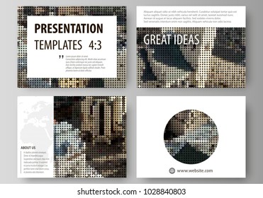 Set of business templates for presentation slides. Easy editable abstract vector layouts in flat design. Colorful background made of dotted texture for travel business, urban cityscape.