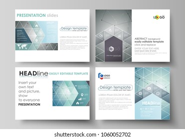 Set of business templates for presentation slides. Abstract vector layouts in flat design. Geometric background, connected line and dots. Molecular structure. Scientific, medical, technology concept.