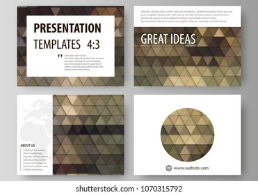 Set of business templates for presentation slides. Easy editable vector layouts in flat design. Abstract multicolored backgrounds. Geometrical patterns. Triangular and hexagonal style.