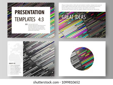 Set of business templates for presentation slides. Easy editable vector layouts in flat design. Colorful background with stripes. Abstract tubes and dots. Glowing multicolored texture.