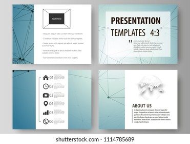 Set of business templates for presentation slides. Abstract vector layouts in flat design. Geometric background, connected line and dots. Molecular structure. Scientific, medical, technology concept.