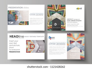Set of business templates for presentation slides. Abstract vector layouts in flat design. Tribal pattern, geometrical ornament in ethno syle, ethnic hipster backdrop, vintage fashion background.