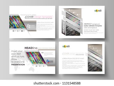 Set of business templates for presentation slides. Easy editable vector layouts in flat design. Colorful background with stripes. Abstract tubes and dots. Glowing multicolored texture.