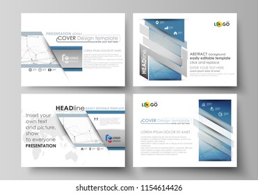 Set of business templates for presentation slides. Easy editable abstract vector layouts in flat design. Geometric blue color background, molecule structure, science concept. Connected lines and dots.