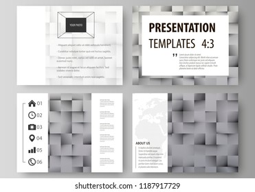 Set of business templates for presentation slides. Easy editable abstract vector layouts in flat design. Pattern made from squares, gray background in geometrical style. Simple texture.