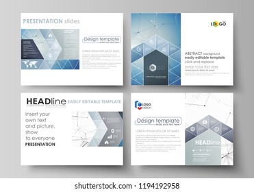 Set of business templates for presentation slides. Easy editable abstract vector layouts in flat design. Geometric blue color background, molecule structure, science concept. Connected lines and dots.
