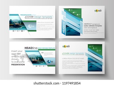 Set of business templates for presentation slides. Flat design blue color travel decoration layout, easy editable vector template, colorful blurred natural landscape.