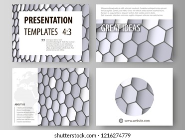 Set of business templates for presentation slides. Easy editable vector layouts in flat design. Gray color hexagons in perspective. Abstract polygonal style modern background.