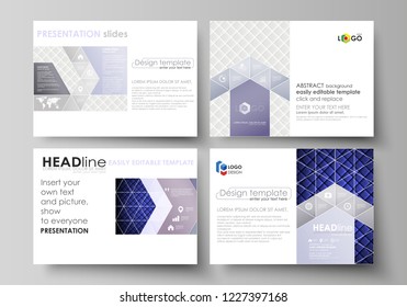 Set of business templates for presentation slides. Easy editable abstract vector layouts in flat design. Shiny fabric, rippled texture, white and blue color silk, colorful vintage style background.