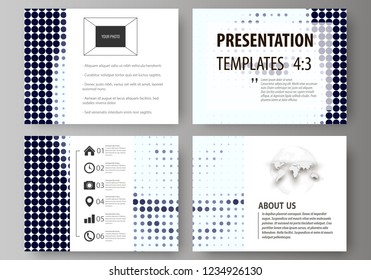 Set of business templates for presentation slides. Abstract design vector layouts. Halftone dotted background, retro style grungy pattern, vintage texture. Halftone effect with black dots on white.
