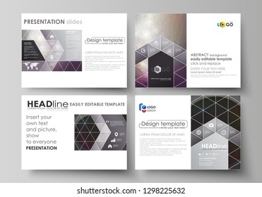 Set of business templates for presentation slides. Easy editable vector layouts in flat design. Dark color triangles and colorful circles. Abstract polygonal style modern background.