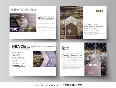 Set of business templates for presentation slides. Easy editable vector layouts in flat design. Abstract multicolored backgrounds. Geometrical patterns. Triangular and hexagonal style.