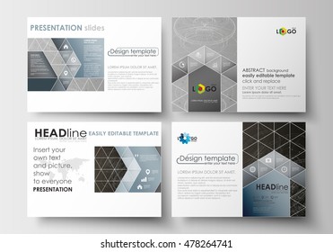 Set of business templates for presentation slides. Easy editable layouts in flat design. Abstract 3D construction and polygonal molecules on gray background, scientific technology vector.