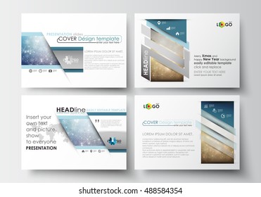Conjunto de plantillas de negocio para diapositivas de presentación. Diseños abstractos fáciles de editar en diseño plano. Decoración navideña, fondo vectorial con brillantes copos de nieve, estrellas