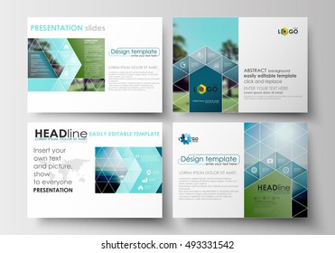Set of business templates for presentation slides. Flat design blue color travel decoration layout, easy editable vector template, colorful blurred natural landscape.