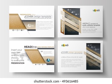 Set of business templates for presentation slides. Easy editable abstract layouts in flat design. Golden technology background, connection structure with connecting dots and lines, science vector