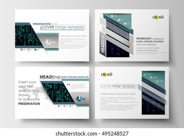 Set of business templates for presentation slides. Easy editable abstract layouts in flat design. Virtual reality, color code streams glowing on screen, technology background with symbols.