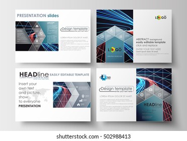 Set of business templates for presentation slides. Easy editable flat layouts. Abstract lines background with color glowing neon streams, motion design vector.