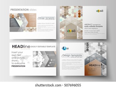 Set of business templates for presentation slides. Easy editable layouts in flat design. Abstract gray color background, modern stylish hexagonal vector texture.