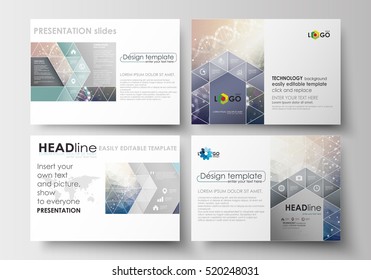 Set of business templates for presentation slides. Easy editable abstract layouts in flat design. DNA molecule structure on blue background. Scientific research, medical technology