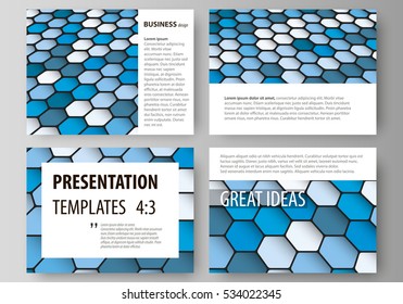 Set of business templates for presentation slides. Easy editable vector layouts in flat design. Blue color hexagons in perspective. Abstract polygonal style modern background.