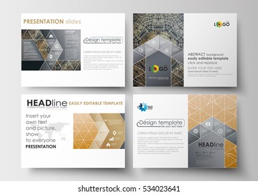 Set of business templates for presentation slides. Easy editable abstract layouts in flat design. Golden technology background, connection structure with connecting dots and lines, science vector.