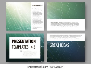 Set of business templates for presentation slides. Abstract layouts in flat design, vector illustration. Chemistry pattern, hexagonal molecule structure. Medicine, science, technology concept.