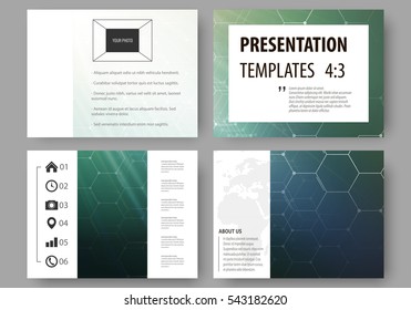 Set of business templates for presentation slides. Abstract layouts in flat design, vector illustration. Chemistry pattern, hexagonal molecule structure. Medicine, science, technology concept.