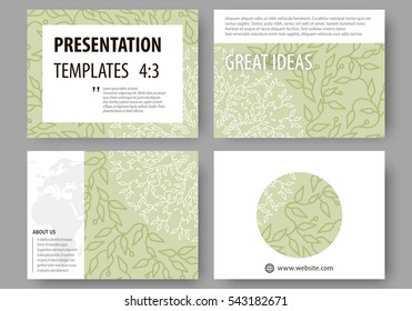 Set of business templates for presentation slides. Abstract vector design layouts. Green color background with leaves. Spa concept in linear style. Vector decoration for cosmetics, beauty industry.