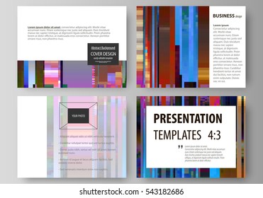 Set of business templates for presentation slides. Abstract layouts in vector design. Glitched background made of colorful pixel mosaic. Digital decay, signal error, television fail. Glitch backdrop.