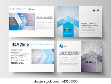 Set of business templates for presentation slides. Easy editable abstract layouts in flat design. Molecule structure on blue background. Science healthcare background, medical vector.