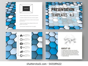 Set of business templates for presentation slides. Easy editable abstract vector layouts in flat design. Blue color hexagons in perspective. Abstract polygonal style modern background.