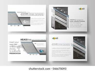 Set of business templates for presentation slides. Easy editable layouts in flat design. Abstract 3D construction and polygonal molecules on gray background, scientific technology vector
