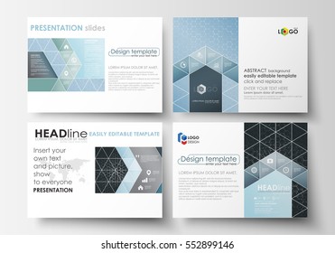 Set of business templates for presentation slides. Easy editable vector layouts in flat design. Chemistry pattern, hexagonal molecule structure. Medicine, science, technology concept.