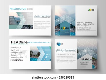 Set of business templates for presentation slides. Flat design blue color travel decoration layout, easy editable vector template, colorful blurred natural landscape.