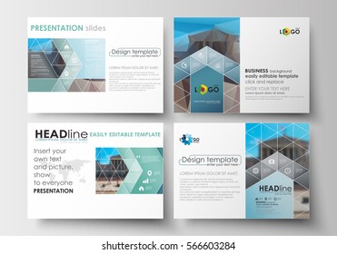 Set of business templates for presentation slides. Easy editable layouts in flat design. Abstract background, blurred image, urban landscape, modern stylish vector.