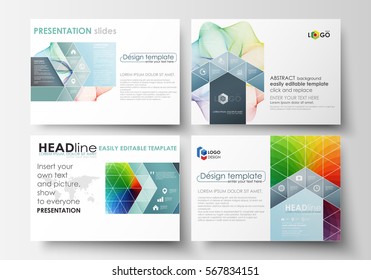 Set of business templates for presentation slides. Easy editable layouts in flat style, vector illustration. Colorful design background with abstract shapes and waves, overlap effect.