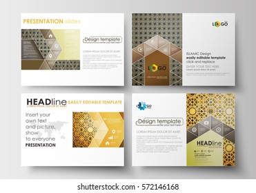 Set of business templates for presentation slides. Easy editable layouts in flat design. Islamic gold pattern, overlapping geometric shapes forming abstract ornament. Vector golden texture.